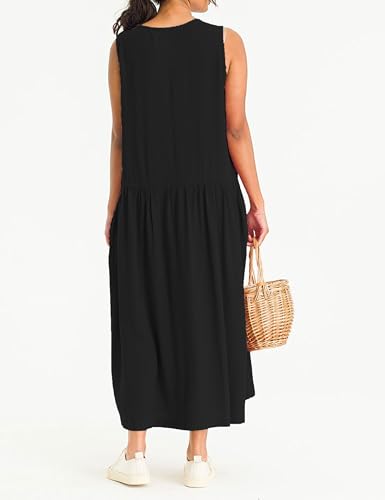 Image of Bozanly Summer Sleeveless Maxi Dress for Women Button Down Midi Dresses with Pockets Solid Color Loose Flowy Beach Dress 2025