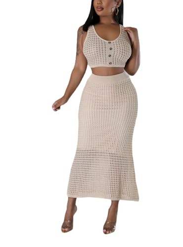 Image of Women Plus Two-Piece Skirt Set Tassel Fishing Net Knittin Hollow Out Off Shoulder Beach Dresses Swimsuit Cover Ups