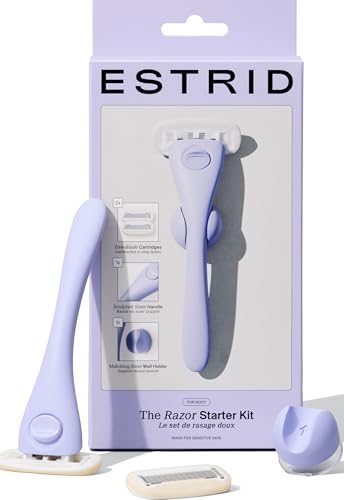 Estrid Rasierer Starterset Damenrasierer Set mit 5-Klingen System Veganer Feuchtigkeitsstreifen 2 Ersatzkleingen Wandhalterung (Space)