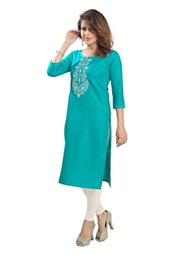 Image of DREAM & DZIRE Blue Office wear Kurti for Women in Pine Cotton Plus Size & Small Size.