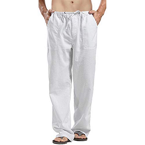 Remxi Pantalon en lin pour homme, coupe ample, décontracté, léger, avec cordon de serrage à la taille élastique, pour jogging, yoga, plage - Blanc - 4XL Cover
