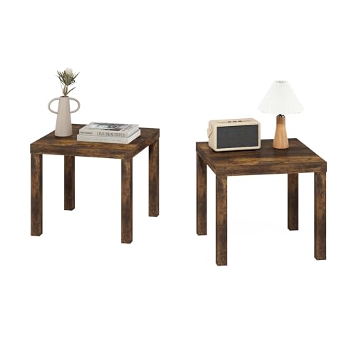 Image of Furinno Classic Side Table Set of 2, Square Modern End Table with 1.8 inch Triple Thick Tabletop, Simple Night Stand, Bedside Table, Toolless Assembly, for Living Room, Bedroom, Amber Pine