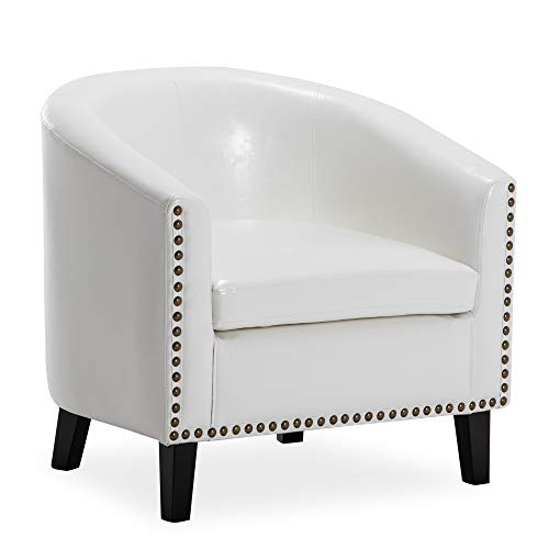 BELLEZE Modern Tub Barrel Accent Chair Upholstered Arm Club Chair for Living Room, Faux Leather Lounge Chair with Gold Nail Head Trim Black Wooden Legs - Kyara (White)