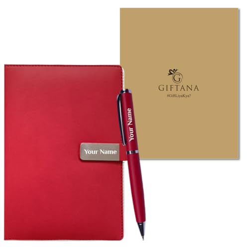 Image of Giftana Personalized Notebook Diary with Pen Gift Set for Men and Women, 2 in 1 Customized Office Diaries A5 Size Notebook, Diwali Gifts, Personalised New Year Corporate Gifts for Employees (Red)