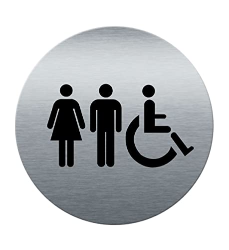 AUA SIGNALETIQUE - Plaque de porte Aluminium brossé imprimé AluSign Ø 85 mm - épaisseur. 3 mm - Double Face adhésif au dos (Toilettes Mixtes)