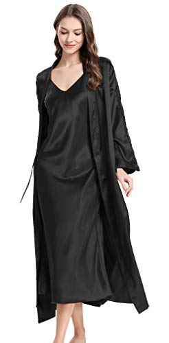 Womens Satin Robe Nightgown Set Long Silk Slip Dress Silk Chemise Lingerie Deep V Sexy Nightgowns Sleeveless Elegant Sleep Dress Spaghetti Strap Nighty and Bathrobe Set Black