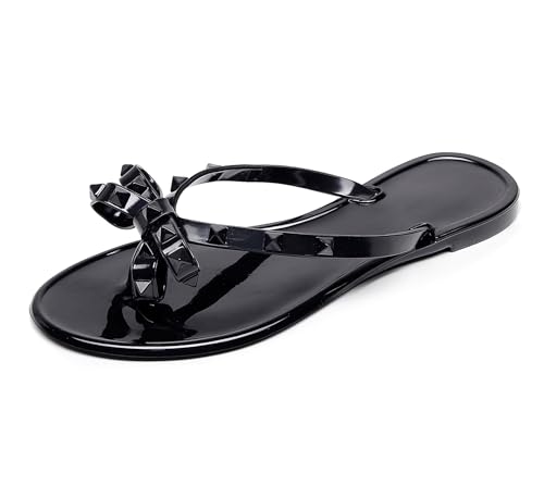 Image of Studded Jelly Shoes for Womens Bow Flip Flops Jellies Sandals Flat Black Summer Beach Thong with Rivets Strappy Slides Slip On