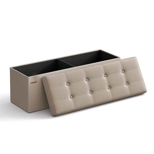 SONGMICS Sitzhocker mit Stauraum, klappbare Sitzbank, 38 x 110 x 38 cm Fußbank, Aufbewahrungsbox, bis 300 kg belastbar, für Wohnzimmer Schlafzimmer Flur, Kamelbraun LSF070K03