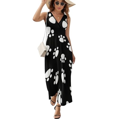 Robe longue d'été pour femme avec col V fluide motif empreintes de pieds décontracté