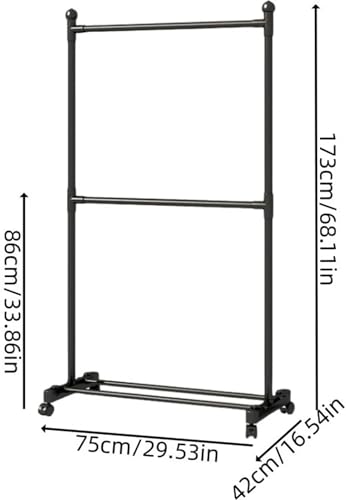 Image of Heavy Duty Metal Garment Rack with Wheels | Portable Clothes Hanging Stand | Rolling Clothing Rack for Bedroom, Laundry & Retail Store | Space Saving Cloth Stand (.Black)