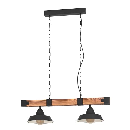 EGLO Lámpara colgante OLDBURY, lámpara colgante vintage con 2 bombillas de estilo industrial, lámpara colgada de acero y madera, color negro, marrón rústico, casquillo E27, L 86 cm