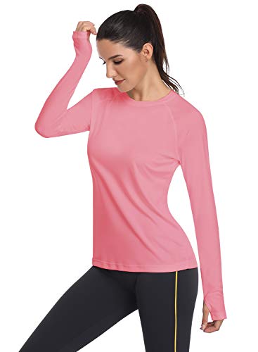 HISKYWIN Women's UPF 50+ Sun Protection Long Sleeve Shirts Outdoor Hiking Fishing Tops HF103- Pink-M