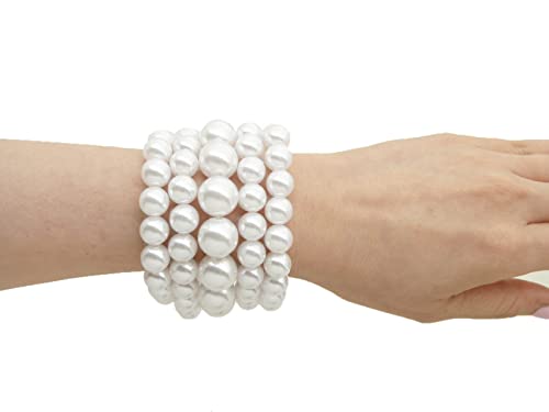Ba Unique Fashion Women's Simulated Pearl Stretch Bracelet 5 Pcs Set (White) #TOP1