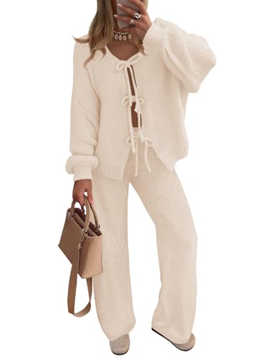 ZESICA Women's 2 Piece Outfits Lounge Pajama Sets 2026 Fall Long Sleeve Cardigans Wide Leg Pants Matching Winter Clothes,Apricot,Small