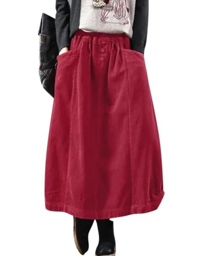 Minetom Damen Rock Herbst Winter Cord Rock Frauen Vintage Midi Lange Röcke Kordsamt Freizeitrock Midirock Elastische Taille A-Linie Skirt Faltenrock...