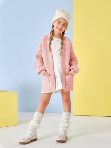 Image of Haloumoning Kids Girls Open Front Cardigan Sweaters Long Sleeve Cable Knit Fashion Clothes with Pockets 5-14 Years