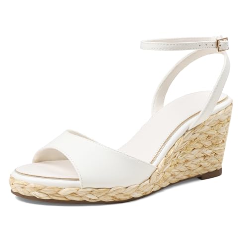 Image of Marc Ford Wedge Sandals For Women Raffia Espadrille Platform Wedges Summer Comfort Sandals Ankle Strap Stylish Open Toe Beach Vcation Raffia Wedges Heels 3 inch