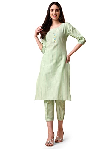 EthnicJunction Cotton Blend Women’s Woven Striped Work Straight Kurta With Pant (Bt5-Rangsari-Light Green_M_Light Green)