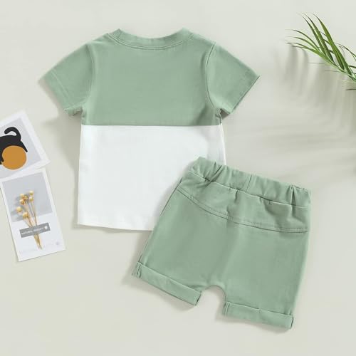 LIUNLU Baby Boy Summer Outfits Soft 100% Cotton Patchwork T-Shirt and Shorts 2Pcs Set with Pockets for Toddler Infants Light Green — view 3