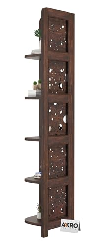 Image of Sheesham Wood Cricle Corner Shelf for Living Room Bedroom Home | CNC 5 Tier Corner Bookshelf | Wooden Ladder Bookcase Display Unit (Walnut Finish)
