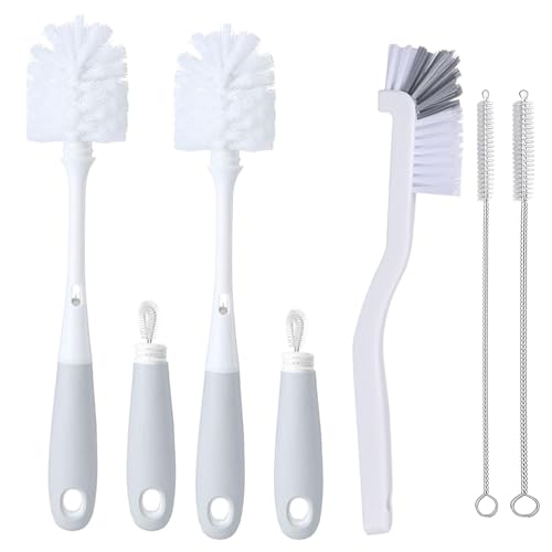 Image of 5 Pack Bottle Brush Set, 2 Long Handle Bottle Brushes with Nipple Cleaner, 2 Straw cleaner Brush, 1 tile lines brush with 2 stainless steel hooks for Water Bottle, Glasswares, Cups, Mugs(White, Grey)