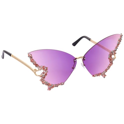 Avxdbr Women Butterfly Rimless Rhinestone Sunglasses UV400 Polarized Sunglasses Purple Crystal Butterfly Shades Fashion Retro Classic Summer Beach Party Sunglasses (Purple)