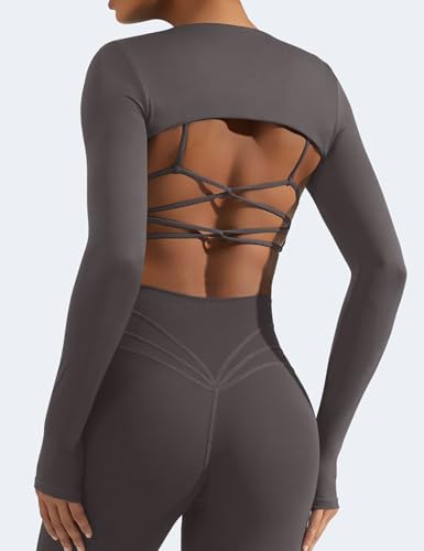 Image of YEOREO Women Crop Top Long Sleeve Bolero Open Front Workout Cropped Shirts Sports Shrug