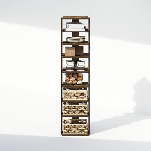 Image of Furinno Turn-N-Tube Corner Shelf, 9-Tier Display Rack, Vertical Corner Storage Rack, Space Saving Organization and Storage, Entryway, Living Room, Closet, Amber Pine