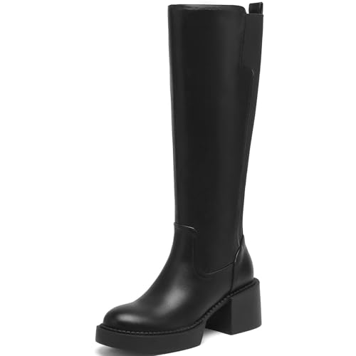 Women's Knee High Boots Chunky Block Heel Boots Stretch Calf Round Toe Side Zipper Platform Tall Boots Fall Comfort Long Boots