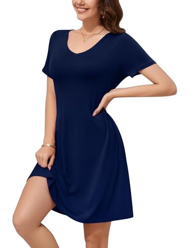 Image of WEACZZY Summer Dresses for Women 2026 V-Neck Casual T Shirt Dress Loose Short Sleeve Flowy Dresses with Pockets