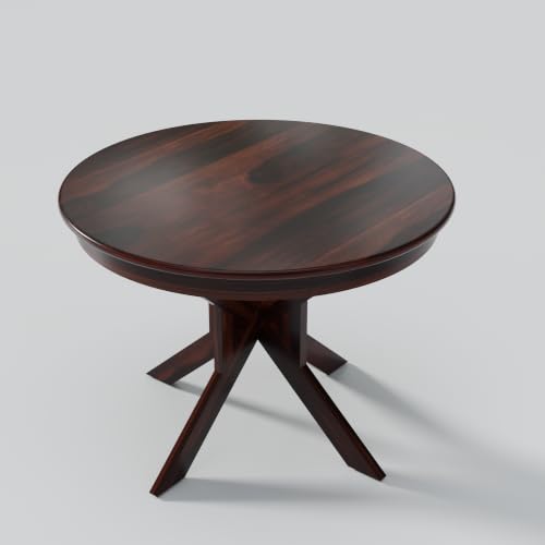 Image of Solid Sheesham Wood 4 Seater Round Dining Table Set with 4 Cream Cushioned Chairs | Wooden Dining Table Set for Home, Kitchen, Dining Room & Restaurant | Dining Table Set 4 Seater | Walnut Finish