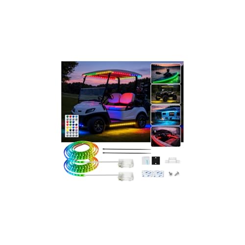 Battery Powered RGB+IC Dream Color Chasing Golf Cart Canopy Roof Lights with Remote 2 Pack 4FT IP68 Waterproof Addressable Golf Cart Underglow Light Strip for EZGO Yamaha Club Car Boat Easy Install