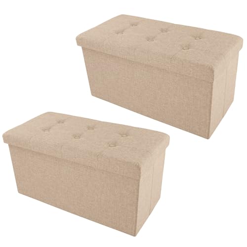 Image of Lavish Home Folding Storage Ottoman - Set of 2 30-Inch Tufted Footrest, Linen Chest, or Bench with Removable Bin for Living Room, Bedroom, or Dorm (Beige)