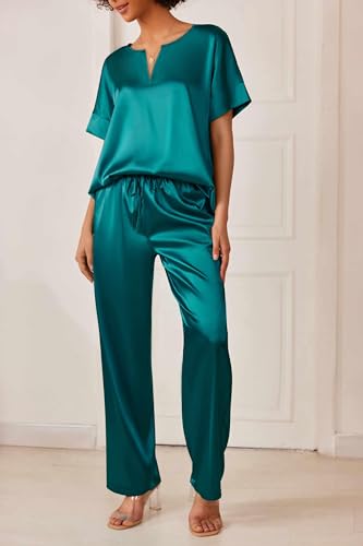 Image of Ekouaer Satin Pajama Set Womens Silk Short Sleeve V Neck Shirt with Long Pant Soft Loungewear Pjs Set