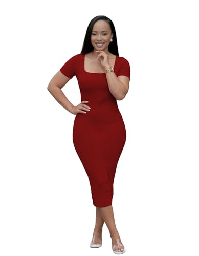 Image of TOPSRANI Women Sexy Midi Dress Bodycon Casual Sleeveless Basic Ruched Tank Summer Club Party Dresses