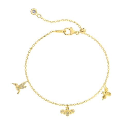 Bracelet colibri et abeille en argent plaqué or, le cadeau de joaillerie idéal pour femme