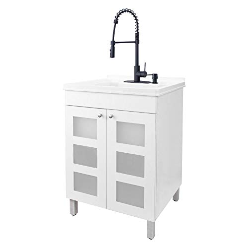 Image of White Utility Sink in White Vanity, Matte Black Pull-Down Coil Faucet, Soap Dispenser and Spacious Cabinet by JS Jackson Supplies for Garage, Basement, Shop and Laundry Room