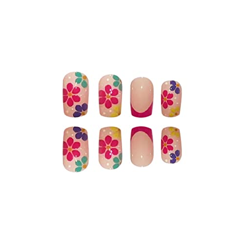 French Tip Press On Nails Medium Square Fake Nails Pink False Nails With Colorful Flower Daisy Designs Glossy Acrylic Artificial Nails Floral Stick On Nails For Women Nail Art Decoration 24 Pcs #TOP3