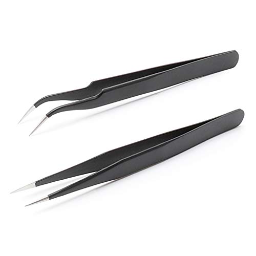 Professional Tweezers for Eyelash Extension - Straight and Curved Pointed Tweezers - Stainless Steel Precision Tweezers set - 2 Pcs - Black