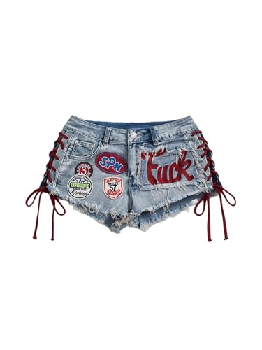 SOLY HUX Women's Y2k Denim Shorts Lace Up Graphic Mini