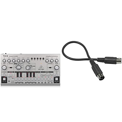 Behringer TD-3-SR Analog Bass Line Synthesizer - Silver and Hosa MID-305BK 5-Pin DIN to 5-Pin DIN MIDI Cable, 5 Feet Bundle