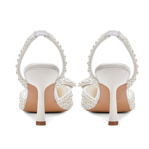 Goolita Bow Pearl Slingback Heels for Women, Pointed Closed Toe Slip On Heeled Sandals Stiletto Heel Evening Bridal Shoes for Wedding3