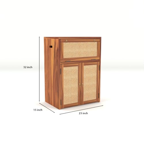 Image of PS DECOR Solid Sheesham Wood Battery Cabinet with Cane Doors | Wooden Inverter Battery Storage Cabinet | Handcrafted UPS Battery Stand with Rattan Panels