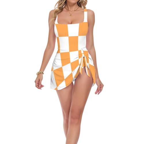 Maillot de bain 1 pièce écossais orange et blanc pour femme