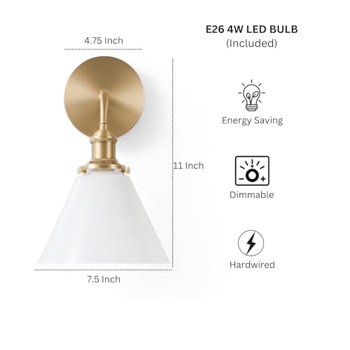 Image of Brass Wall Sconce Mid Century Modern Milk Glass Cone Sconce Light, Ideal for Kitchen, Bathroom, Living Room, Bedside, Hallway (Bulb Included)