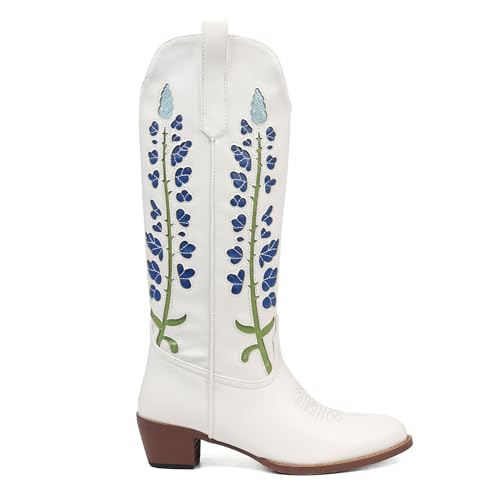 Cowboy Boots For Women, Cute Bluebonnet Floral Embroidered Fashion Country Boots Pointed Toe Chunky Heel Wide Calf Fancy Comfortable Pu Leather, Cowgirl Boots2