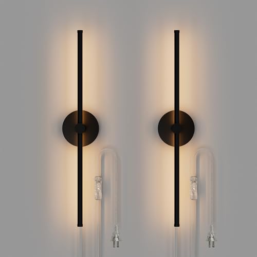 ZAGO Plug in or Hardwired Linear Wall Sconce: 24 Inch LED Indoor Modern Linear Wall Lights Set of Two with On/Off Switch, 5CCT Switchable, Matte Black, Dimmable for Living Room, Bedroom, Hallway