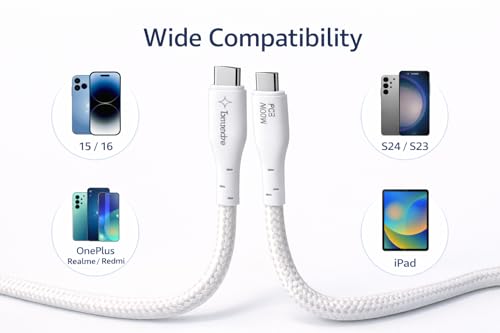 Image of USB Type-C to Type-C Cable, 120W PD Fast Charging, 1.5 Meter, 5 Core Nylon Braided, White, compatible with iPhone 15 /16, Samsung Galaxy S24 /S23 (1, 150, Centimeters)