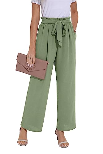 Damenhose Mit Hoher Taille Elastische Taille Freizeithose Locker Weites Bein Damenhosen Mit Taschen (Blassgrün, M)