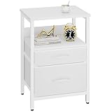 YMYNY サイドテーブル ナイトテーブル ファブリック引き出し付き 木目 アイアン＆木製 組み立て簡単 コンパクト ナイトスタンド ベッドサイドテーブル ベッド横 ソファー横 ホワイト HST011W